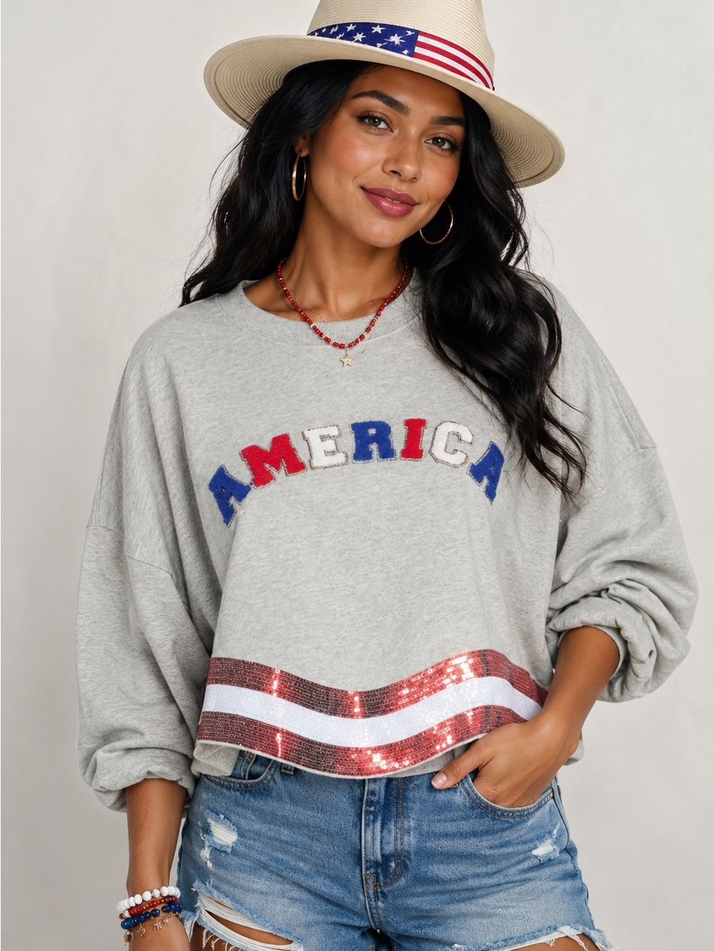 THE AMERICANA CREW LONG SLEEVE SEQUIN CROP PULLOVER SWEATER Multiple Size